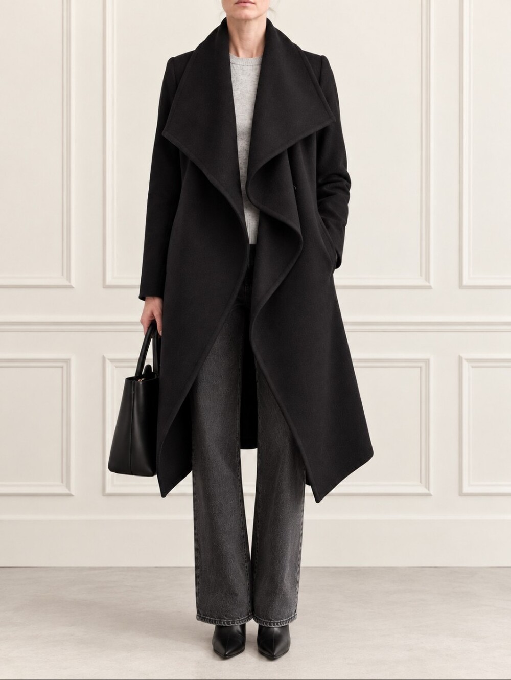 OAK Black Wool Blend Asymmetrical Draped Coat – Size XS – Made in USA
